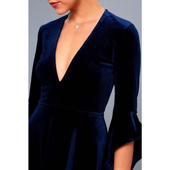 Lulus Navy Blue Velvet Bell Sleeve Skater Dress Small Deep V Cocktail Party - Picture 4 of 12